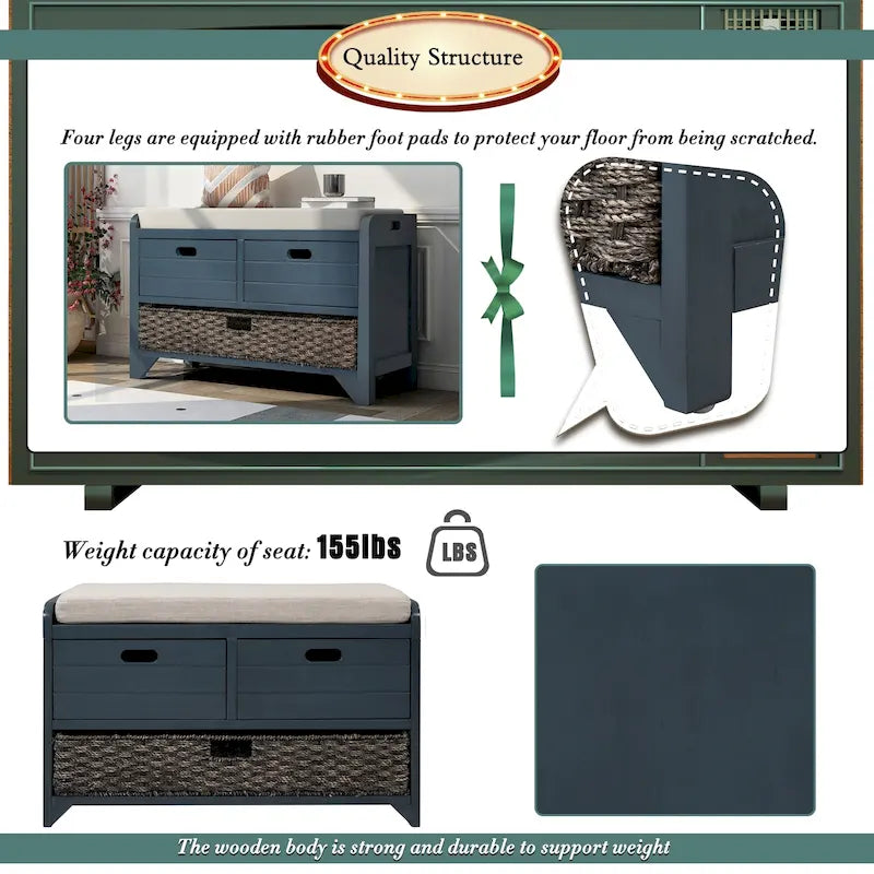 Storage Bench with Removable Basket and 2 Drawers, Fully Assembled Shoe Bench with Removable Cushion - 32 L x 11.8 W x 20 H