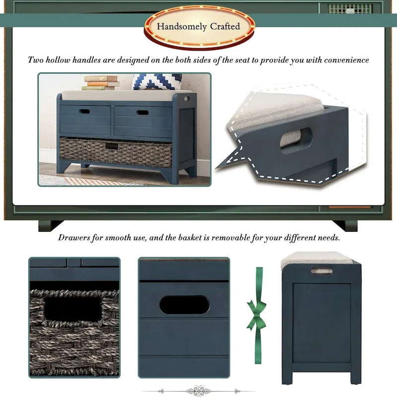 Storage Bench with Removable Basket and 2 Drawers, Fully Assembled Shoe Bench with Removable Cushion - 32 L x 11.8 W x 20 H