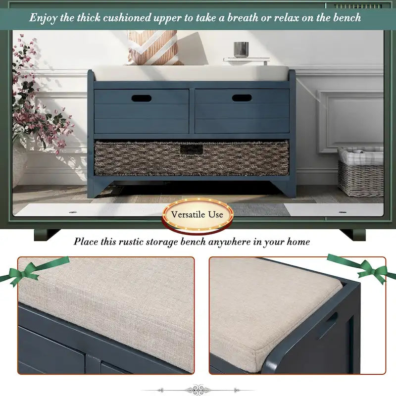 Storage Bench with Removable Basket and 2 Drawers, Fully Assembled Shoe Bench with Removable Cushion - 32 L x 11.8 W x 20 H
