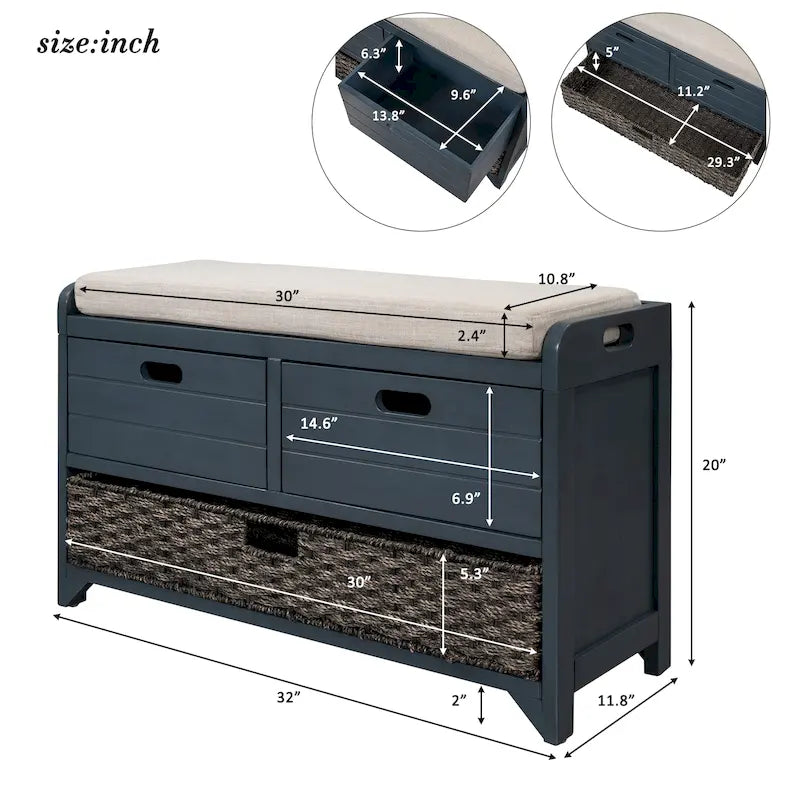 Storage Bench with Removable Basket and 2 Drawers, Fully Assembled Shoe Bench with Removable Cushion - 32 L x 11.8 W x 20 H