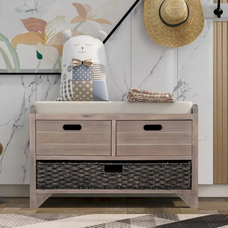 Storage Bench with Removable Basket and 2 Drawers, Fully Assembled Shoe Bench with Removable Cushion - 32 L x 11.8 W x 20 H