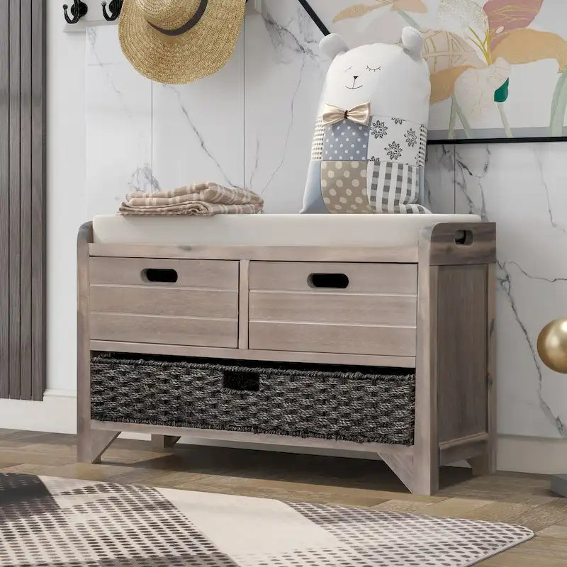 Storage Bench with Removable Basket and 2 Drawers, Fully Assembled Shoe Bench with Removable Cushion - 32 L x 11.8 W x 20 H