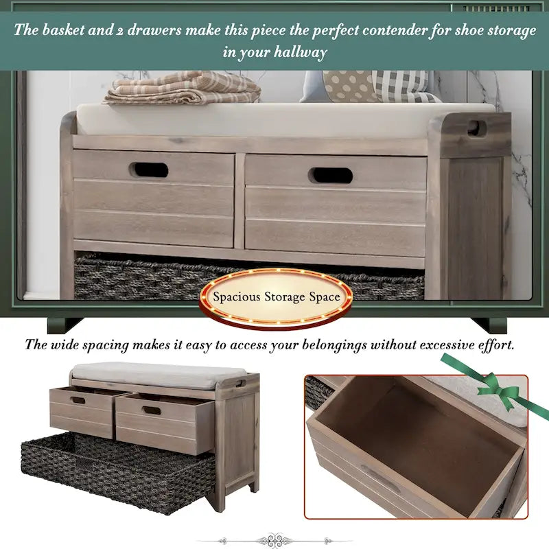 Storage Bench with Removable Basket and 2 Drawers, Fully Assembled Shoe Bench with Removable Cushion - 32 L x 11.8 W x 20 H