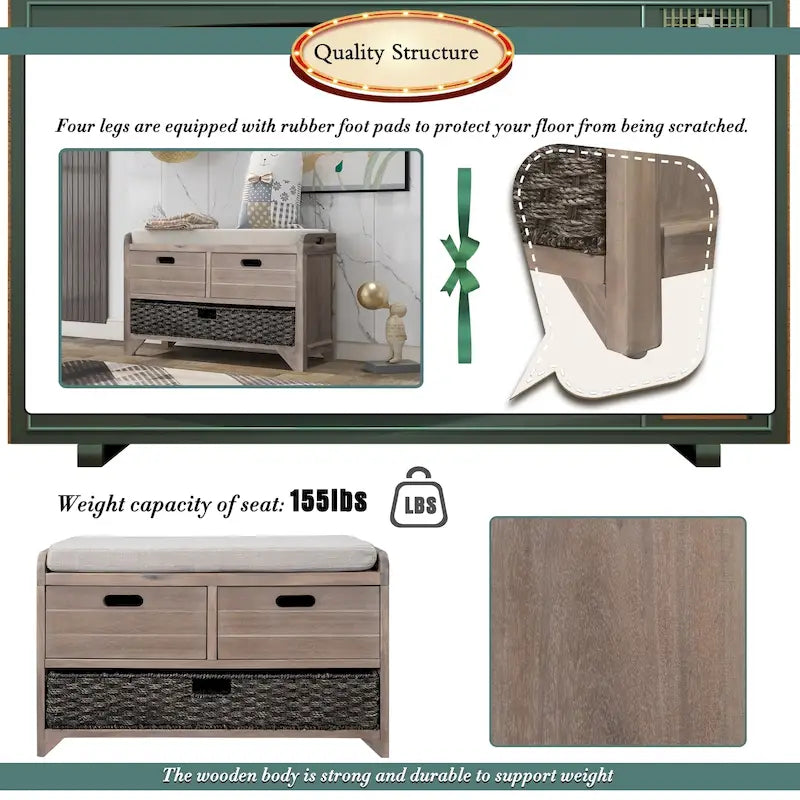 Storage Bench with Removable Basket and 2 Drawers, Fully Assembled Shoe Bench with Removable Cushion - 32 L x 11.8 W x 20 H