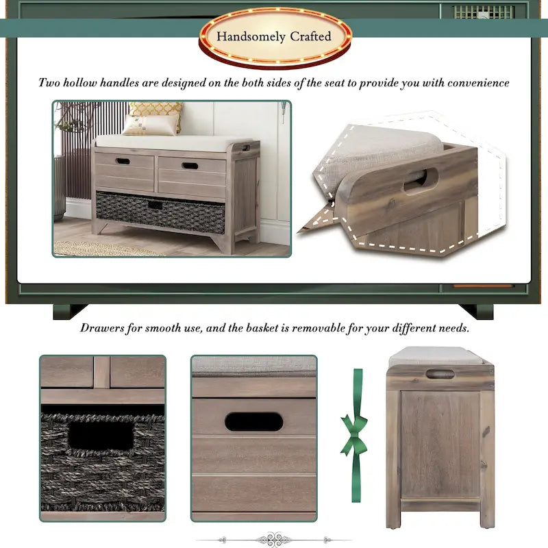 Storage Bench with Removable Basket and 2 Drawers, Fully Assembled Shoe Bench with Removable Cushion - 32 L x 11.8 W x 20 H