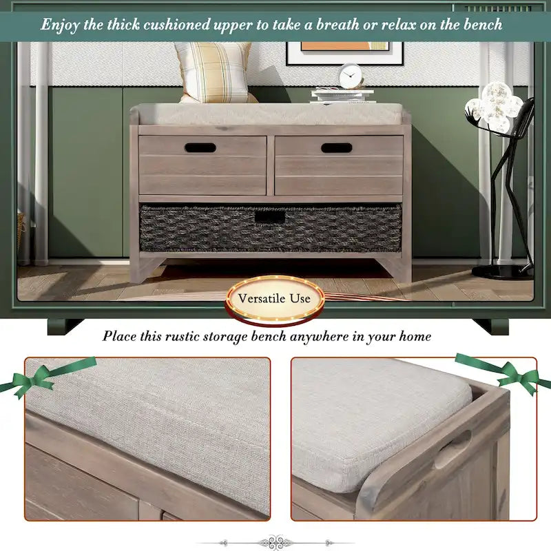 Storage Bench with Removable Basket and 2 Drawers, Fully Assembled Shoe Bench with Removable Cushion - 32 L x 11.8 W x 20 H