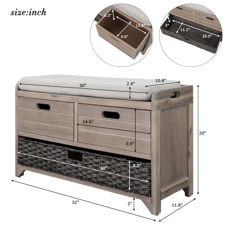 Storage Bench with Removable Basket and 2 Drawers, Fully Assembled Shoe Bench with Removable Cushion - 32 L x 11.8 W x 20 H