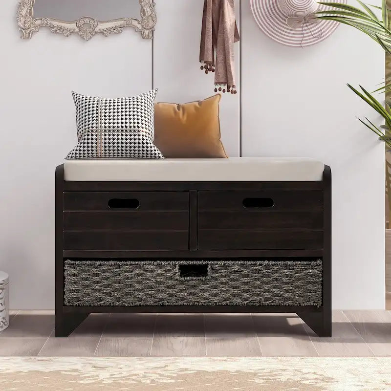 Storage Bench with Removable Basket and 2 Drawers, Fully Assembled Shoe Bench with Removable Cushion - 32 L x 11.8 W x 20 H