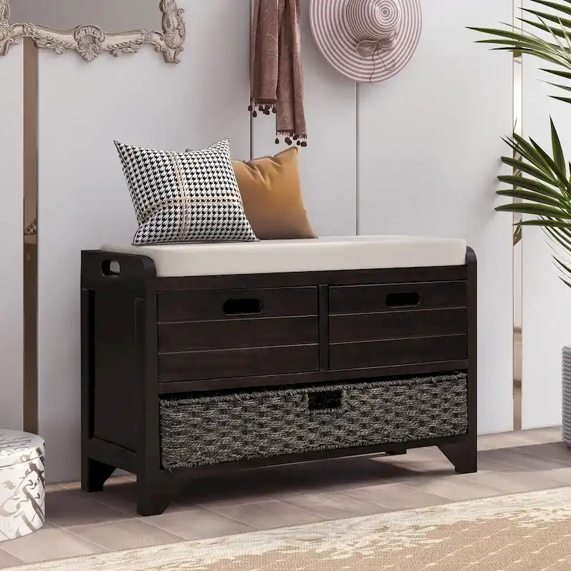 Storage Bench with Removable Basket and 2 Drawers, Fully Assembled Shoe Bench with Removable Cushion - 32 L x 11.8 W x 20 H