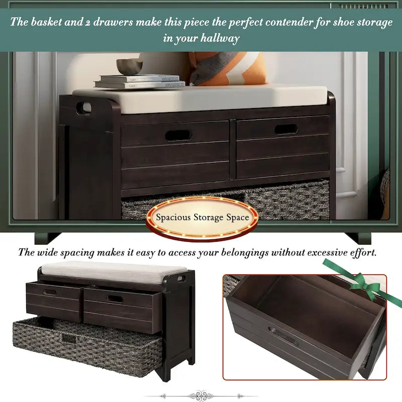 Storage Bench with Removable Basket and 2 Drawers, Fully Assembled Shoe Bench with Removable Cushion - 32 L x 11.8 W x 20 H