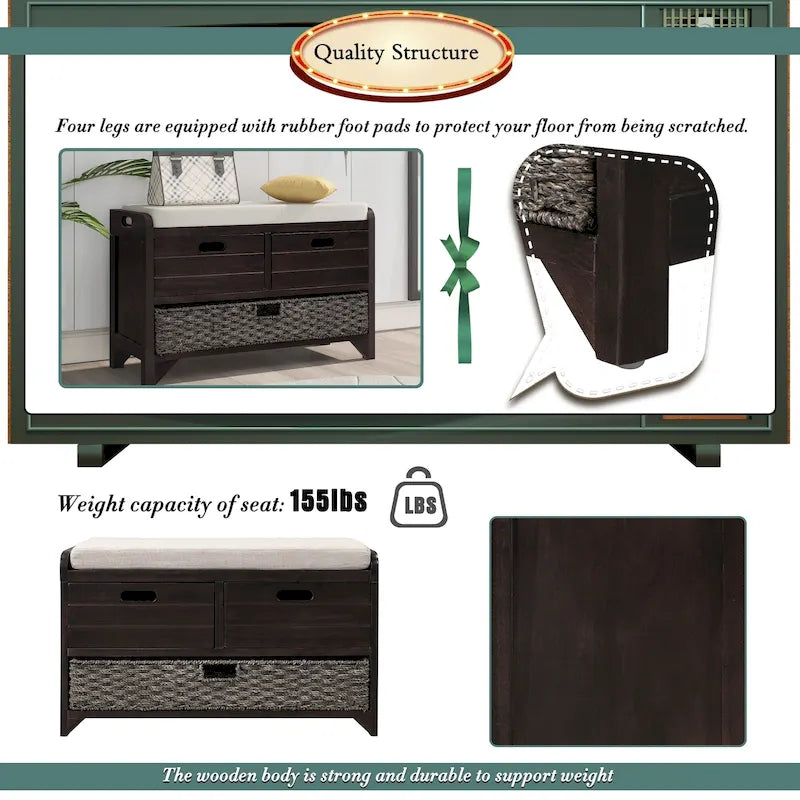 Storage Bench with Removable Basket and 2 Drawers, Fully Assembled Shoe Bench with Removable Cushion - 32 L x 11.8 W x 20 H