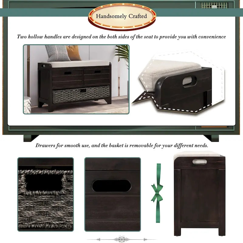 Storage Bench with Removable Basket and 2 Drawers, Fully Assembled Shoe Bench with Removable Cushion - 32 L x 11.8 W x 20 H