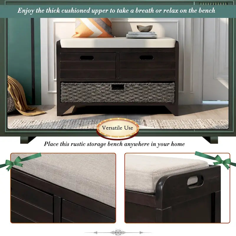 Storage Bench with Removable Basket and 2 Drawers, Fully Assembled Shoe Bench with Removable Cushion - 32 L x 11.8 W x 20 H