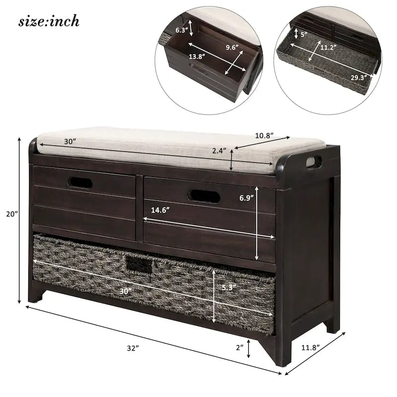 Storage Bench with Removable Basket and 2 Drawers, Fully Assembled Shoe Bench with Removable Cushion - 32 L x 11.8 W x 20 H
