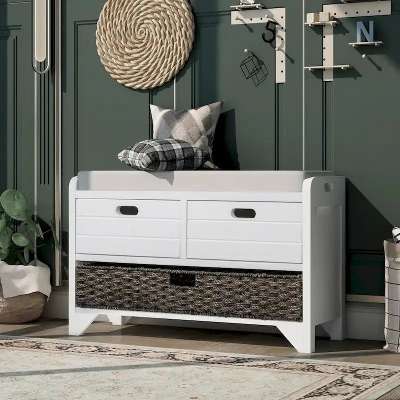 Storage Bench with Removable Basket and 2 Drawers, Fully Assembled Shoe Bench with Removable Cushion - 32 L x 11.8 W x 20 H