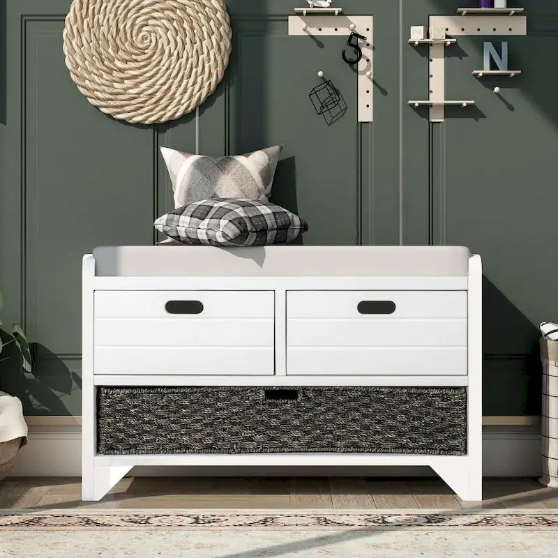 Storage Bench with Removable Basket and 2 Drawers, Fully Assembled Shoe Bench with Removable Cushion - 32 L x 11.8 W x 20 H