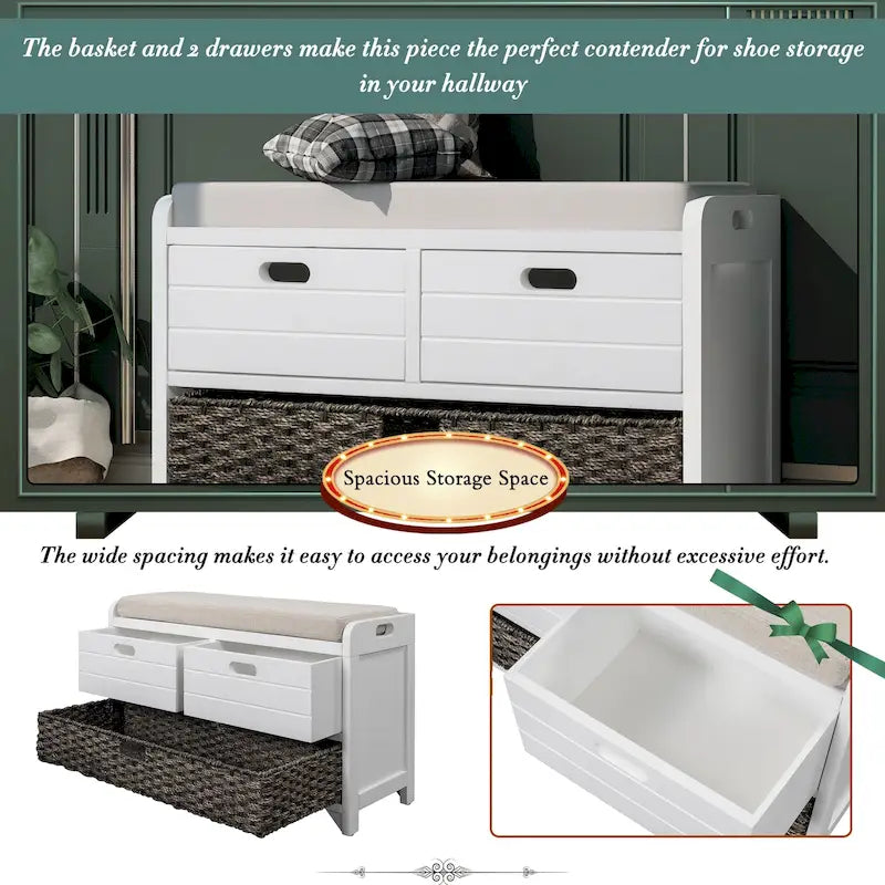 Storage Bench with Removable Basket and 2 Drawers, Fully Assembled Shoe Bench with Removable Cushion - 32 L x 11.8 W x 20 H