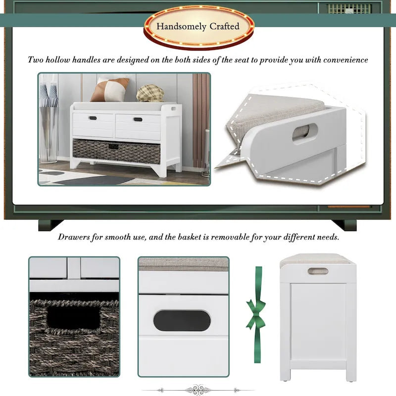 Storage Bench with Removable Basket and 2 Drawers, Fully Assembled Shoe Bench with Removable Cushion - 32 L x 11.8 W x 20 H