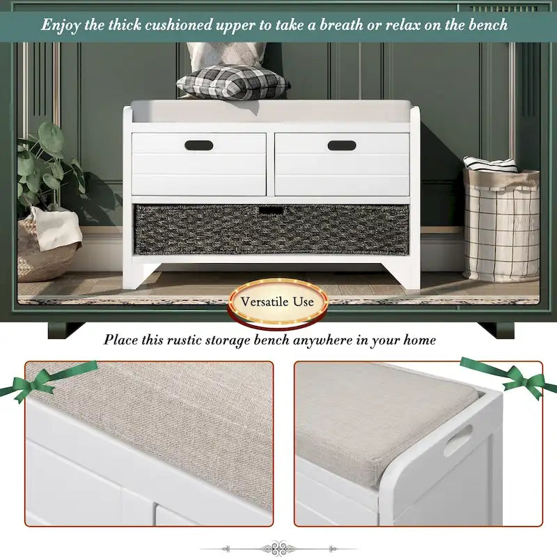 Storage Bench with Removable Basket and 2 Drawers, Fully Assembled Shoe Bench with Removable Cushion - 32 L x 11.8 W x 20 H