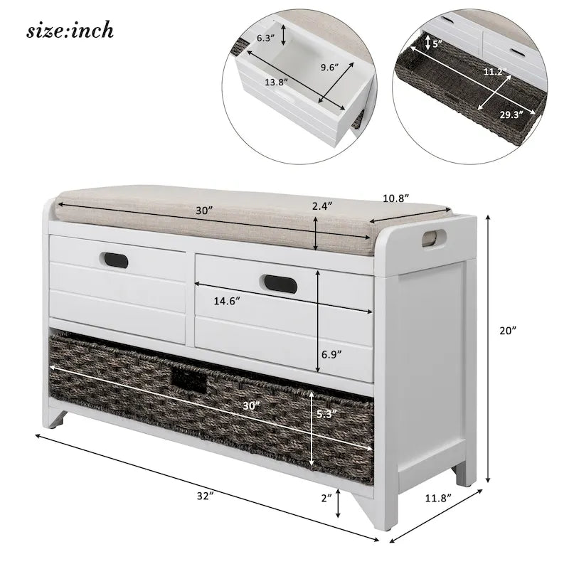 Storage Bench with Removable Basket and 2 Drawers, Fully Assembled Shoe Bench with Removable Cushion - 32 L x 11.8 W x 20 H