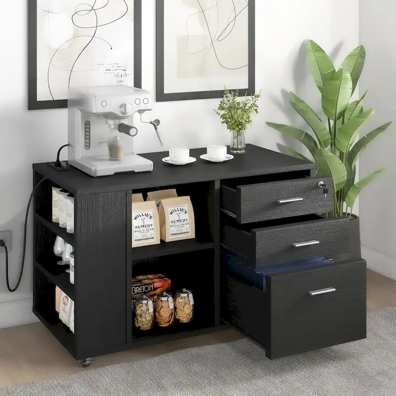 Wood File Cabinet with Charging Station Mobile Lateral Filing Cabinet Lockable Fits A4 Letter Legal Size Files