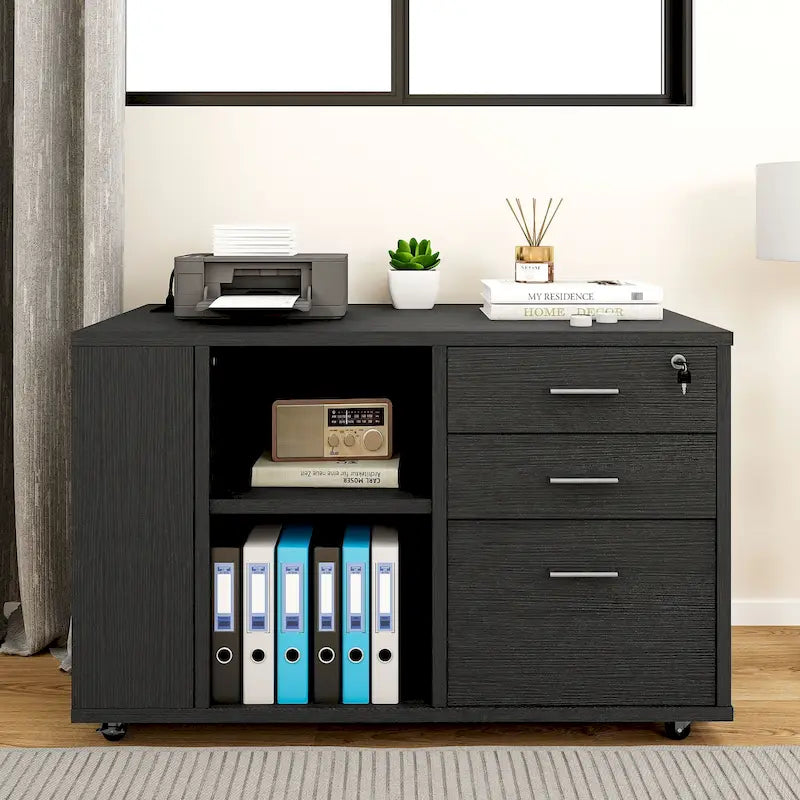 Wood File Cabinet with Charging Station Mobile Lateral Filing Cabinet Lockable Fits A4 Letter Legal Size Files