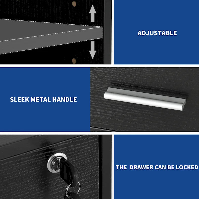 Wood File Cabinet with Charging Station Mobile Lateral Filing Cabinet Lockable Fits A4 Letter Legal Size Files