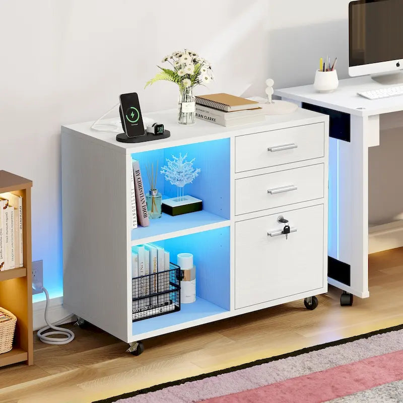 Wood File Cabinet with Charging Station Mobile Lateral Filing Cabinet Lockable Fits A4 Letter Legal Size Files