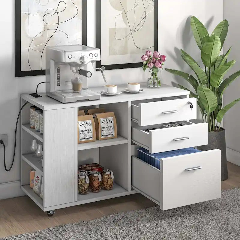 Wood File Cabinet with Charging Station Mobile Lateral Filing Cabinet Lockable Fits A4 Letter Legal Size Files