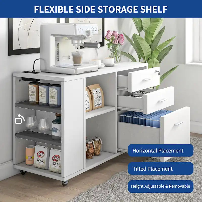 Wood File Cabinet with Charging Station Mobile Lateral Filing Cabinet Lockable Fits A4 Letter Legal Size Files