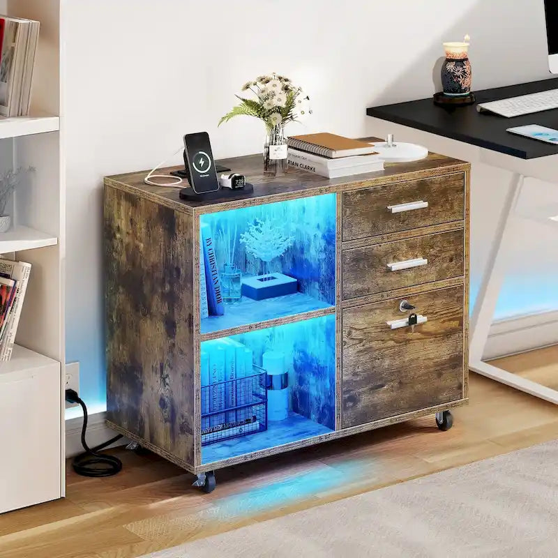 Wood File Cabinet with Charging Station Mobile Lateral Filing Cabinet Lockable Fits A4 Letter Legal Size Files