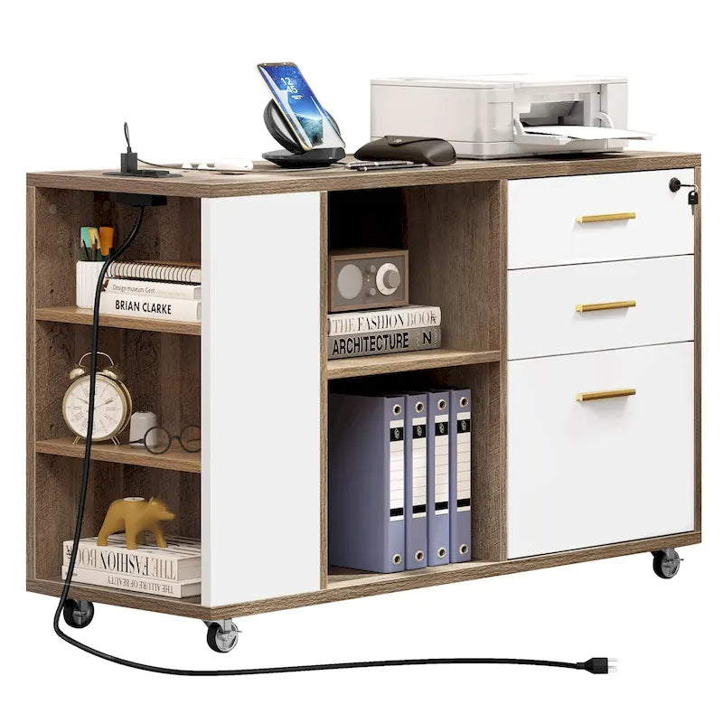 Wood File Cabinet with Charging Station Mobile Lateral Filing Cabinet Lockable Fits A4 Letter Legal Size Files