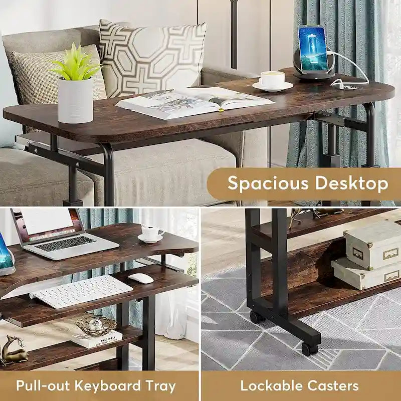 Height Adjustable Portable Desk with Charging Station, Sofa Couch Bedside Laptop Table