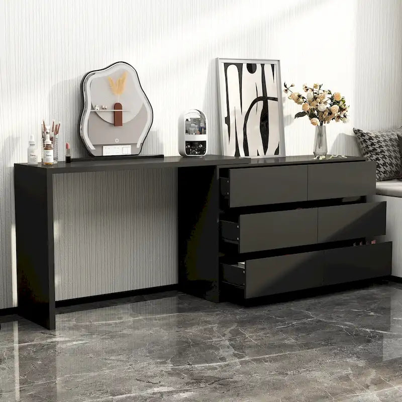 32.7H Rotating Dresser and Desk 6 Drawer Dresser Makeup Vanity White/Black