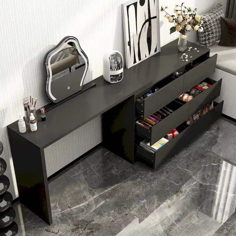 32.7H Rotating Dresser and Desk 6 Drawer Dresser Makeup Vanity White/Black