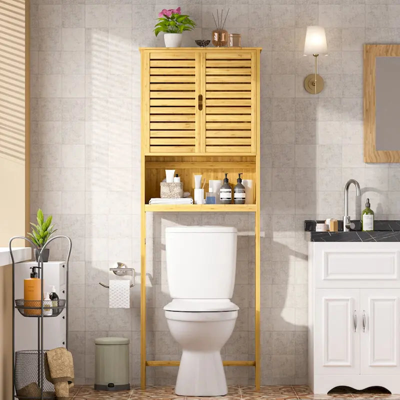 Bamboo Over The Toilet Storage Cabinet Cupboard Bathroom Organizer with Adjustable Shelf and Double Doors