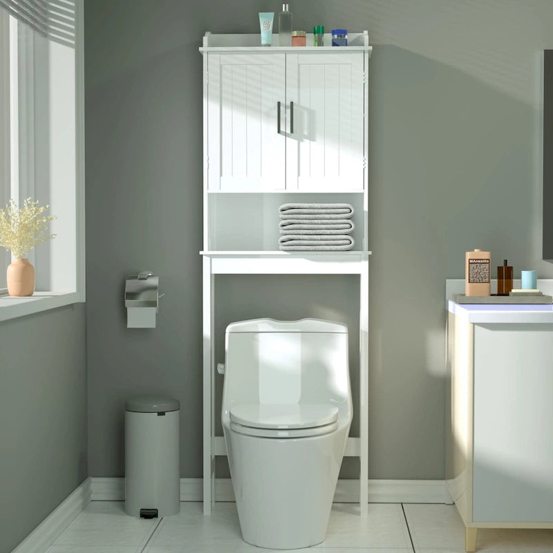 Bamboo Over The Toilet Storage Cabinet Cupboard Bathroom Organizer with Adjustable Shelf and Double Doors