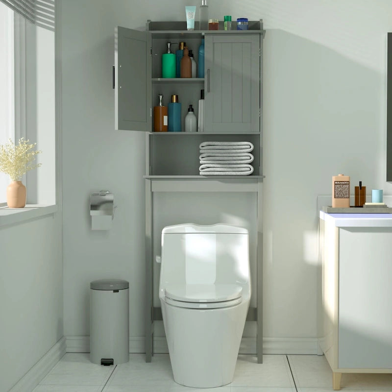 Bamboo Over The Toilet Storage Cabinet Cupboard Bathroom Organizer with Adjustable Shelf and Double Doors