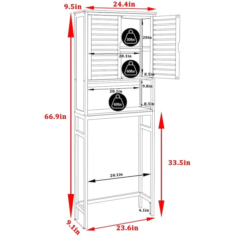 Bamboo Over The Toilet Storage Cabinet Cupboard Bathroom Organizer with Adjustable Shelf and Double Doors