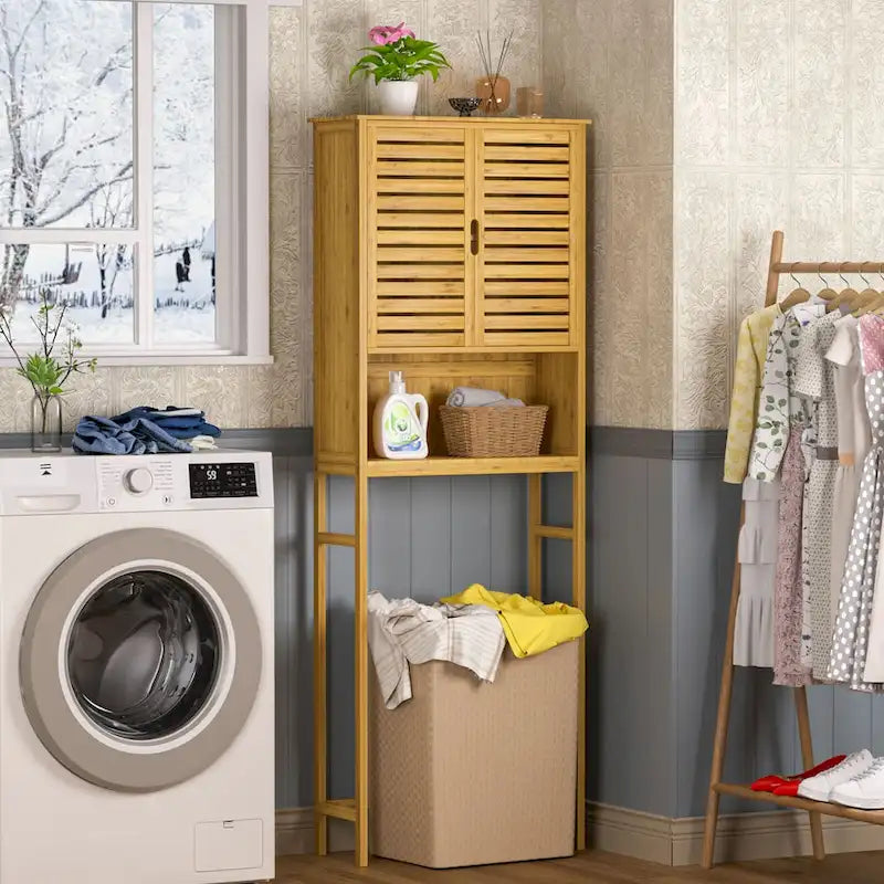 Bamboo Over The Toilet Storage Cabinet Cupboard Bathroom Organizer with Adjustable Shelf and Double Doors