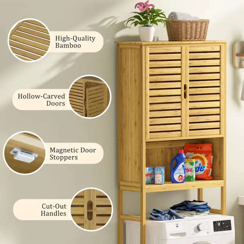 Bamboo Over The Toilet Storage Cabinet Cupboard Bathroom Organizer with Adjustable Shelf and Double Doors