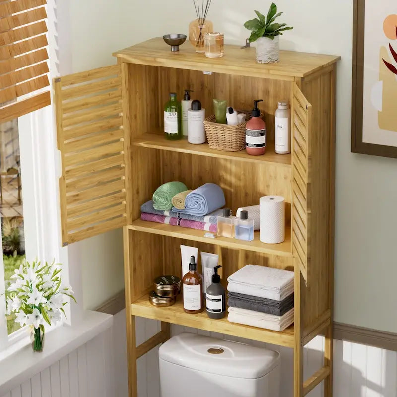 Bamboo Over The Toilet Storage Cabinet Cupboard Bathroom Organizer with Adjustable Shelf and Double Doors