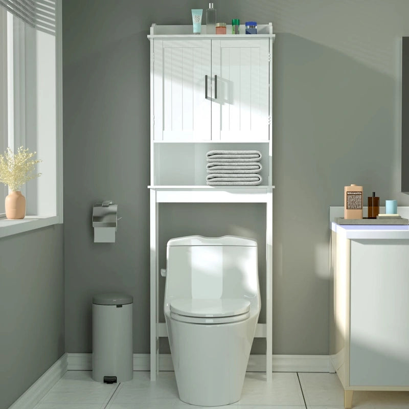 Bamboo Over The Toilet Storage Cabinet Cupboard Bathroom Organizer with Adjustable Shelf and Double Doors