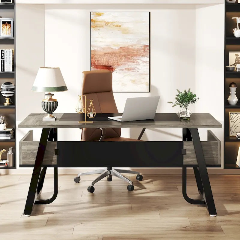 Office Executive Desk with Storage Shelf, Business Workstation, Writing Desk for the boss room
