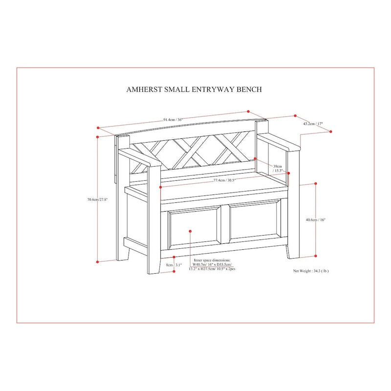 Solid Wood 36 Inch Wide Transitional Small Entryway Storage Bench