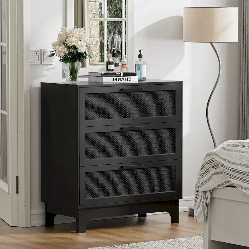 Black 3-Drawer Dresser Modern Rattan Chest of Drawers Accent Storage Cabinet for Bedroom