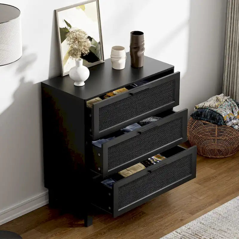 Black 3-Drawer Dresser Modern Rattan Chest of Drawers Accent Storage Cabinet for Bedroom