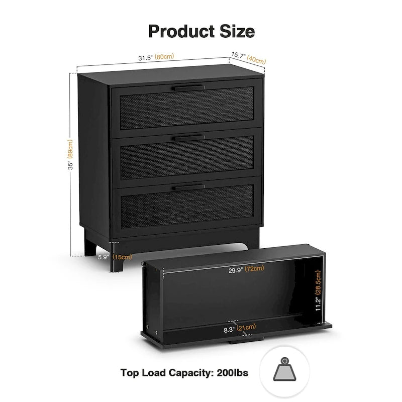 Black 3-Drawer Dresser Modern Rattan Chest of Drawers Accent Storage Cabinet for Bedroom