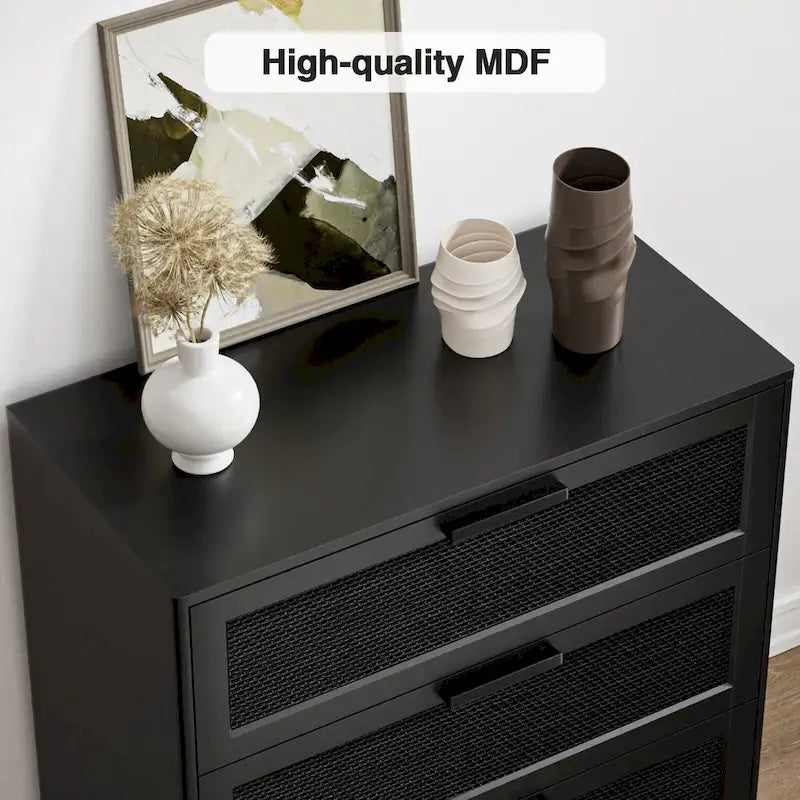 Black 3-Drawer Dresser Modern Rattan Chest of Drawers Accent Storage Cabinet for Bedroom