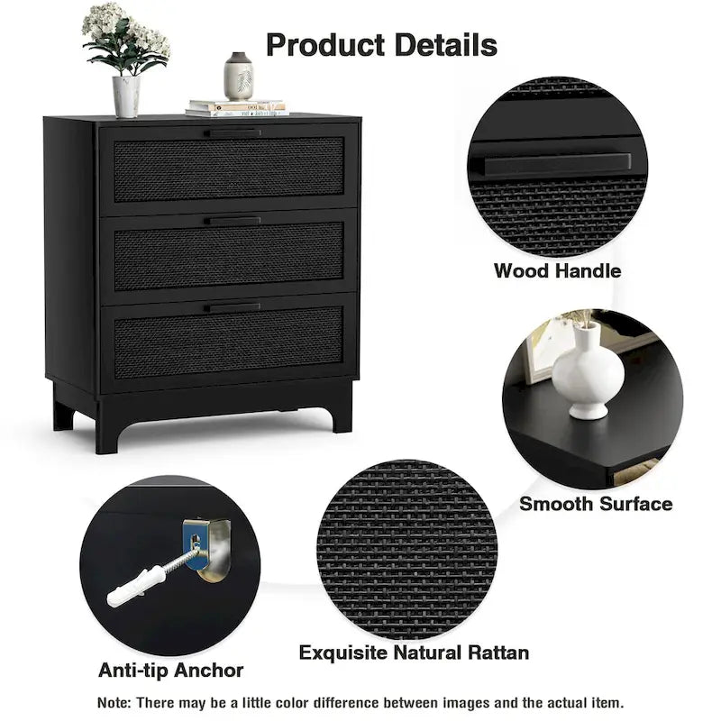 Black 3-Drawer Dresser Modern Rattan Chest of Drawers Accent Storage Cabinet for Bedroom
